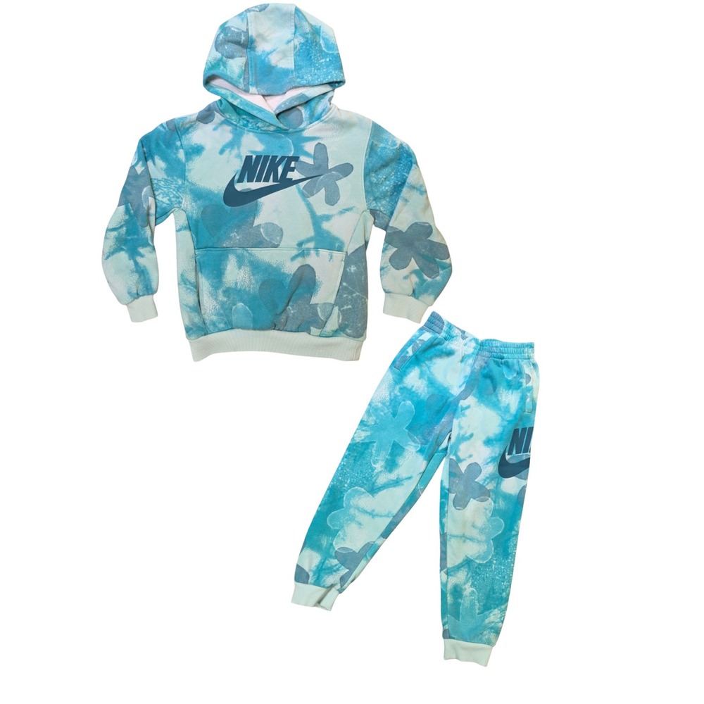 Nike Girls 6X Floral Fleece Hoodie Joggers Set Blue Green 6-7Y